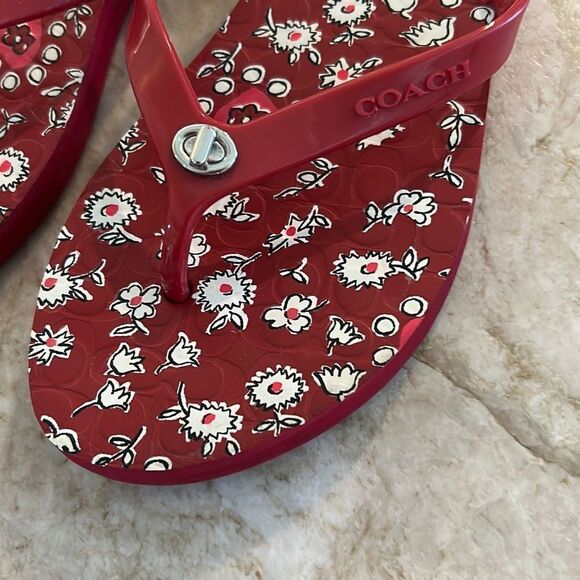 COACH Floral Red Flip Flops Size 8 - Picture 3 of 6